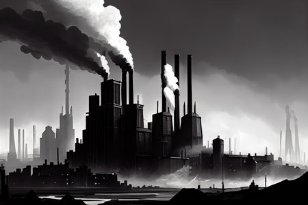 city skyline with layer of puffs of smoke from the chimneys and factories, created with generative aiの素材