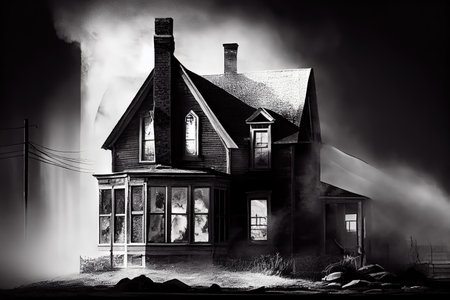old house with windows full of smoke from the chimney, in black and white photo, created with generative aiの素材