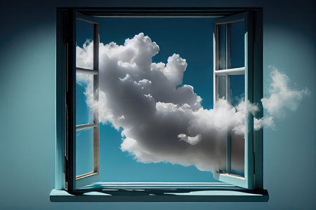 puffs of smoke from the window, with clear blue sky and fluffy clouds in the background, created with generative aiの素材