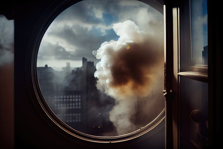 close-up of the puffs of smoke from a window, with blurred view of cityscape and sky, created with generative aiの素材