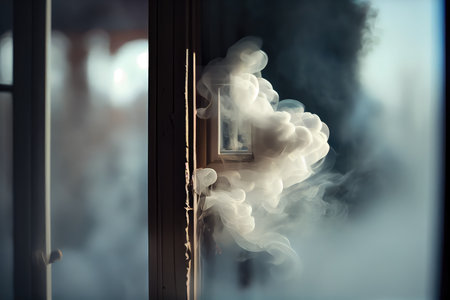 close-up of the puffs of smoke, with a blurred view of the window beyond, created with generative aiの素材