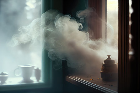 close-up of the puffs of smoke, with a blurred view of the window beyond, created with generative aiの素材