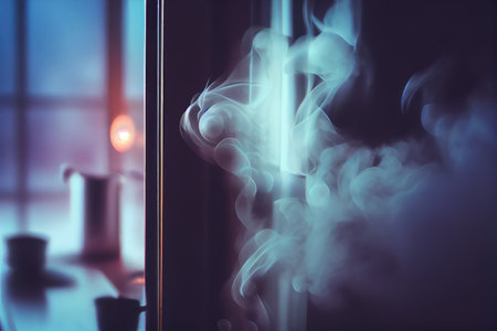 close-up of the puffs of smoke from the window, with blurred background, created with generative aiの素材