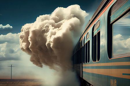 puffs of smoke coming out of a train window, with the speed and motion of the train visible, created with generative aiの素材