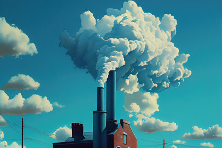puffy clouds of smoke from the chimney floating in a clear blue sky, created with generative aiの素材