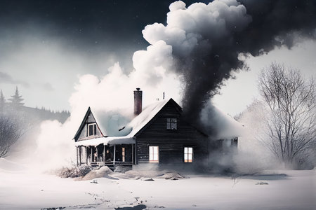 winter scene with smoke coming from a warm and cozy house, surrounded by snow, created with generative aiの素材