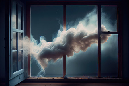 puffs of smoke from the window, floating into the sky with wisps, created with generative aiの素材