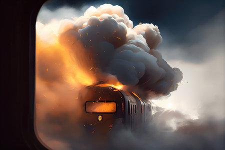 close-up of the puffs of smoke drifting out of a train window, created with generative aiの素材