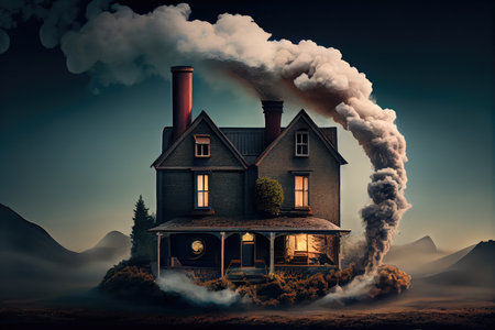 a house, with steam coming from the chimney and smoke billowing out of it, created with generative aiの素材