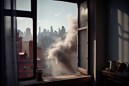 puffs of smoke from the window, with view of cityscape in the background, created with generative aiの素材