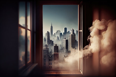 smoke drifting out of the window, with view of bustling city skyline in the background, created with generative aiの素材