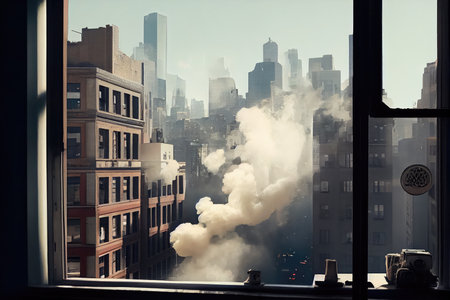 smoke drifting out of the window, with view of bustling city skyline in the background, created with generative aiの素材