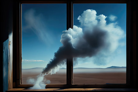 puffs of smoke from the window, with clear blue sky in the background, creating peaceful and serene atmosphere, created with generative aiの素材