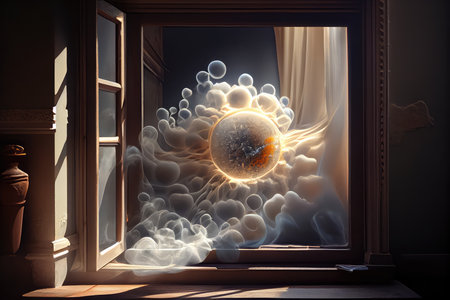 reflection of the sun on a windowpane, with puffs of smoke from the fireplace visible, created with generative aiの素材
