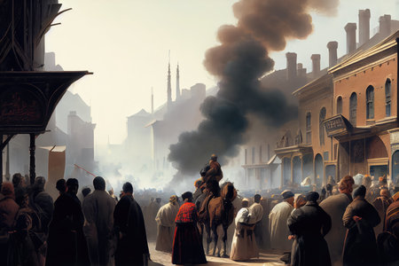 close-up of puffs of smoke, with the view of crowded marketplace visible in the background, created with generative aiの素材