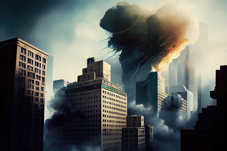 a view of a cityscape, with white smoke billowing from the windows of high-rise buildings, created with generative aiの素材