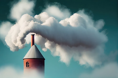 close-up of the fluffy white smoke rising from a chimney and disappearing into the sky, created with generative aiの素材