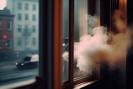 close-up of puffs of smoke from the window with blurred view of street outside, created with generative aiの素材