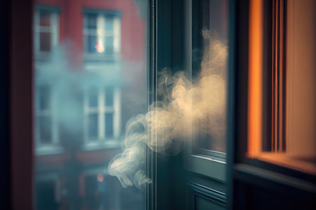 close-up of puffs of smoke from the window with blurred view of street outside, created with generative aiの素材