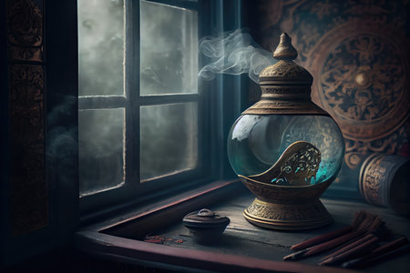 a room filled with the aromatic scent of incense, with a puff of smoke coming from the window, created with generative aiの素材