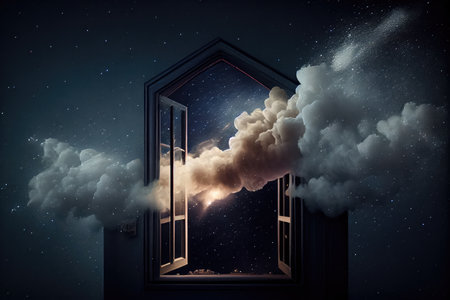 puffs of smoke from the window, with glimpse of starry night sky in the background, created with generative aiの素材