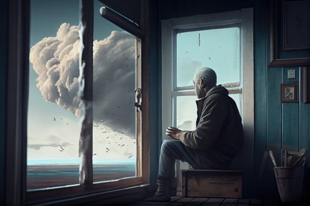 person, sitting at the window, smoking cigarette and watching the clouds pass by, created with generative aiの素材