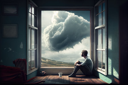 person, sitting at the window, smoking cigarette and watching the clouds pass by, created with generative aiの素材