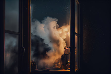 close-up of puffs of smoke from the window, with blurred view of night sky visible through the window, created with generative aiの素材