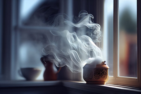 close-up of a puff of smoke escaping from the window, with blurred background, created with generative aiの素材