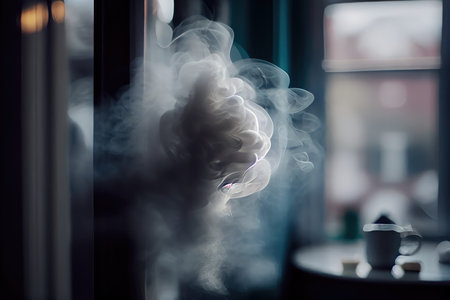 close-up of a puff of smoke escaping from the window, with blurred background, created with generative aiの素材