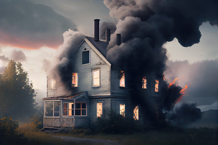 a house, with the smoke from several different fires coming out of the windows, created with generative aiの素材