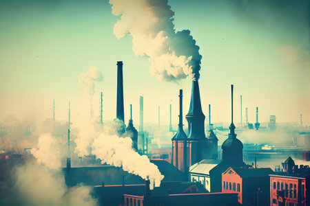 view of cityscape with smoke from chimneys forming a hazy veil, created with generative aiの素材
