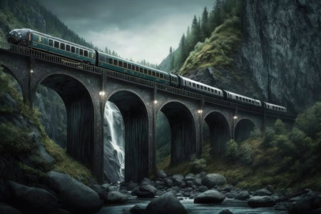 railway bridge, with train crossing over a deep ravine, created with generative aiの素材