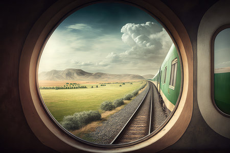 passenger train, with view of the countryside rolling by, on journey to unknown destination, created with generative aiの素材