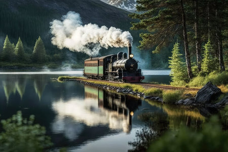 a steam train chugging past a tranquil lake, created with generative aiの素材