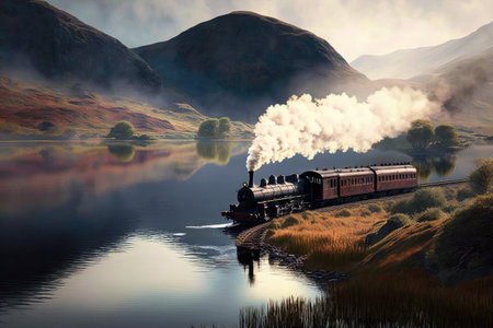 a steam train chugging past a tranquil lake, created with generative aiの素材