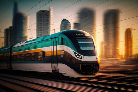 commuter train, speeding past cityscape with blurred buildings and people, created with generative aiの素材