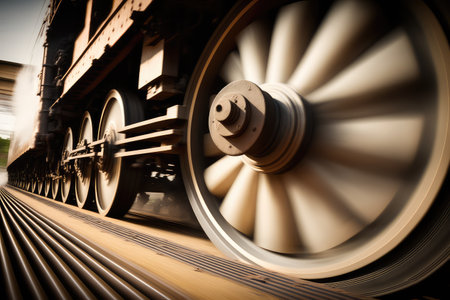 close-up of train wheels rolling on track, with blur of motion, created with generative aiの素材