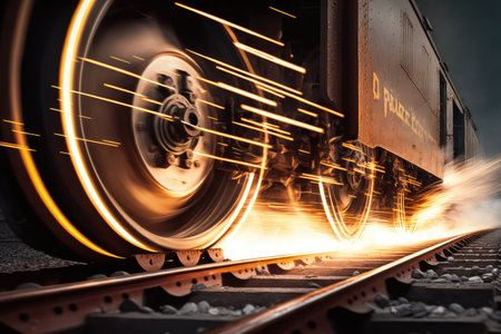 close-up of steel rail, with sparks flying from the wheels of a passing train, created with generative aiの素材