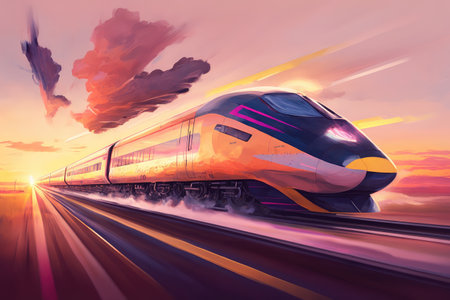 high-speed train racing past sunrise, with orange and pink hues lighting the sky, created with generative aiの素材