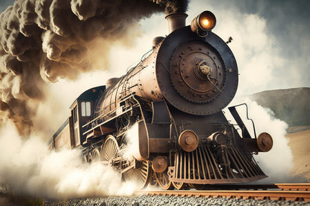 a steam locomotive with its wheels churning, chugging along the tracks, created with generative aiの素材