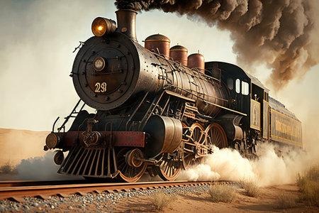 a steam locomotive with its wheels churning, chugging along the tracks, created with generative aiの素材