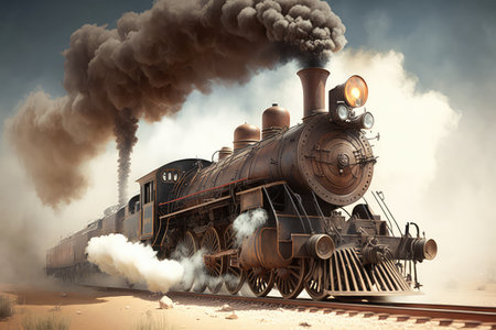 a steam locomotive with its wheels churning, chugging along the tracks, created with generative aiの素材