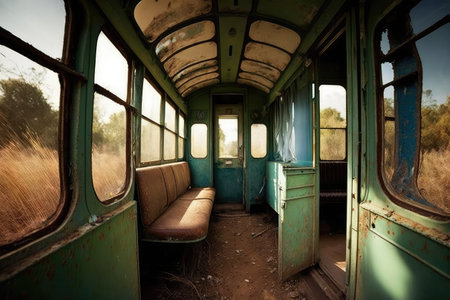 old railway carriage, with its windows and doors removed, allowing passengers to see the tracks and scenery outside, created with generative aiの素材