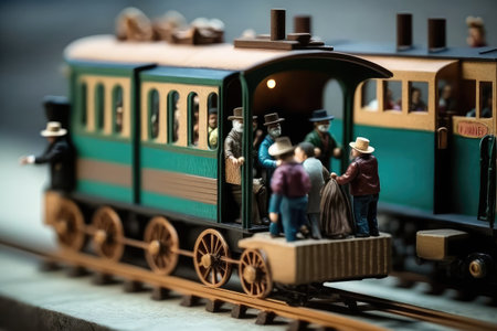 miniature train set with moving parts and passengers on board, created with generative aiの素材