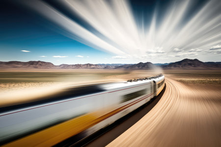 high-speed train zooming past the landscape, with a blur of motion, created with generative aiの素材