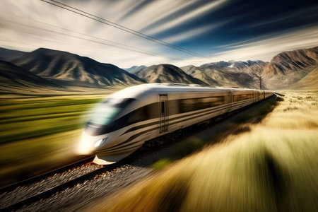 high-speed train zooming past the landscape, with a blur of motion, created with generative aiの素材