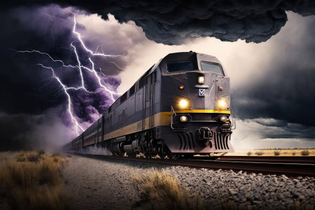 train speeding past stormy sky, with lightning bolts flashing, created with generative aiの素材