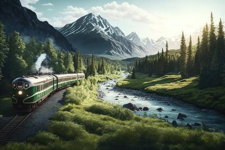 train, traveling through lush green valley, with mountains in the background, created with generative aiの素材