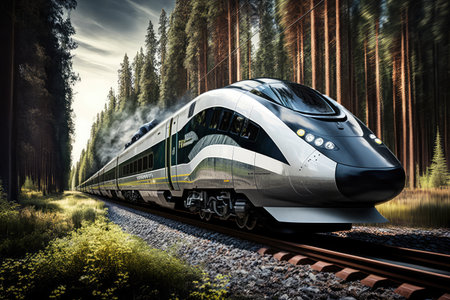 high-speed train on sleek steel tracks, with dense forest in the background, created with generative aiの素材